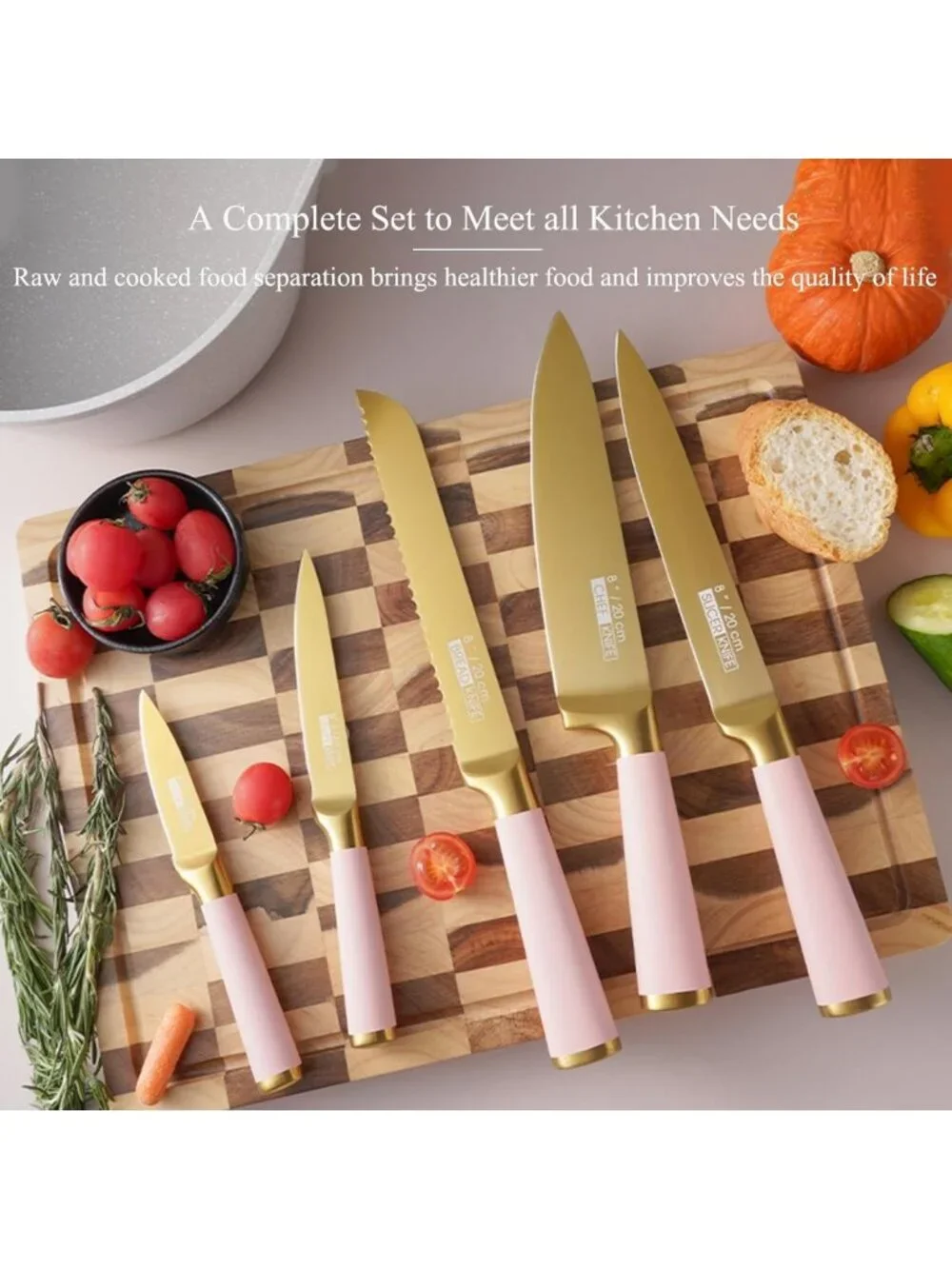 Aesthetic Gold & Pink Kitchen Knife Set with Wooden Block & Sharpener - Cute